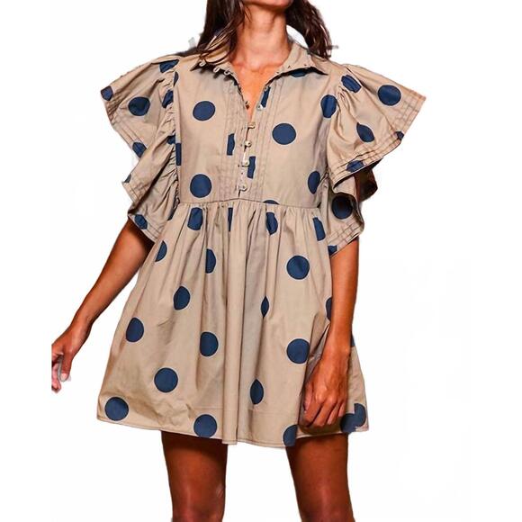 BUCKETLIST Dresses & Skirts - NEW BUCKETLIST ruffle sleeve pintuck detail polka dot mini dress in taupe